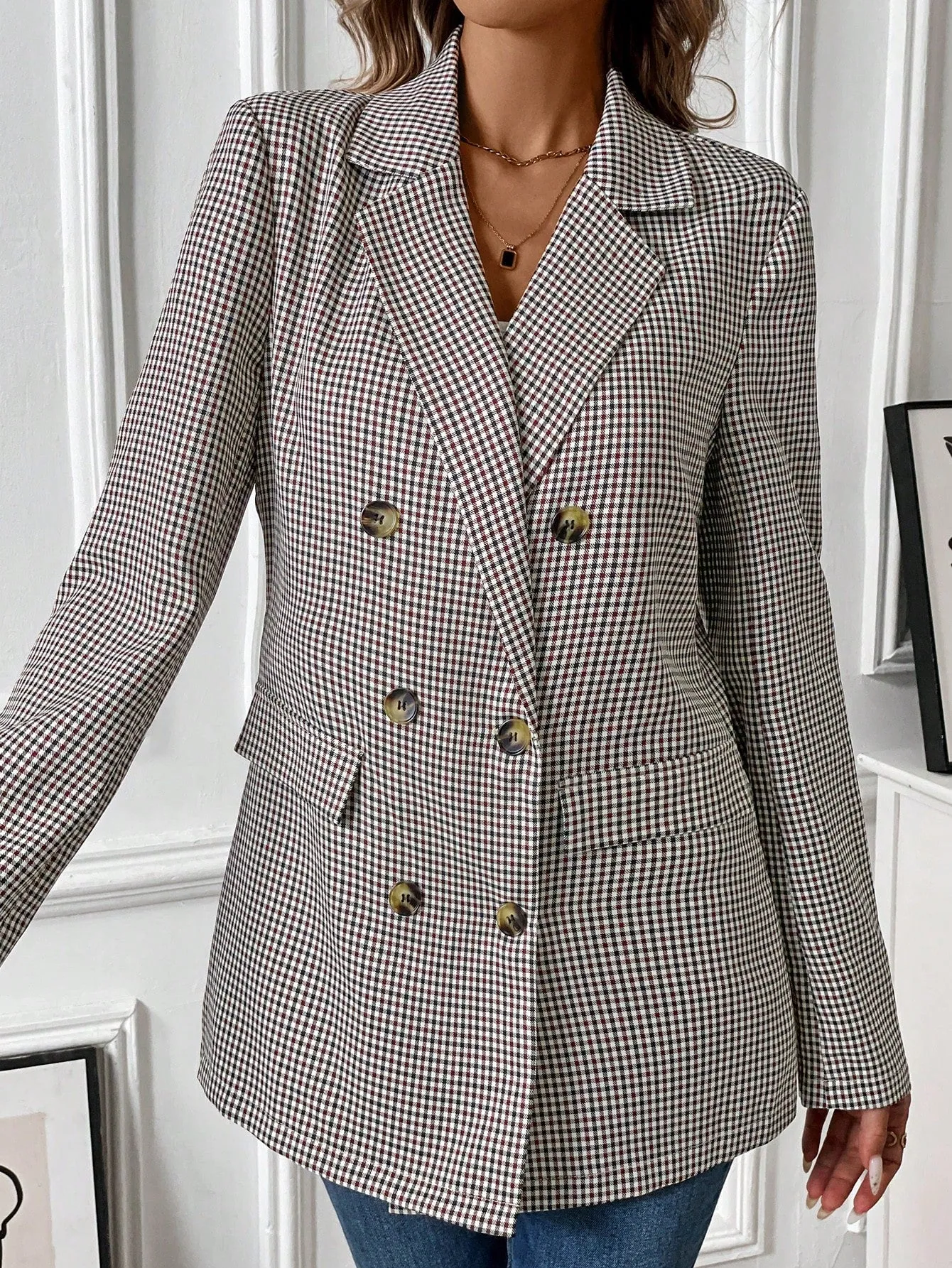 Blazer de Doble Botonadura a Cuadros para Mujer