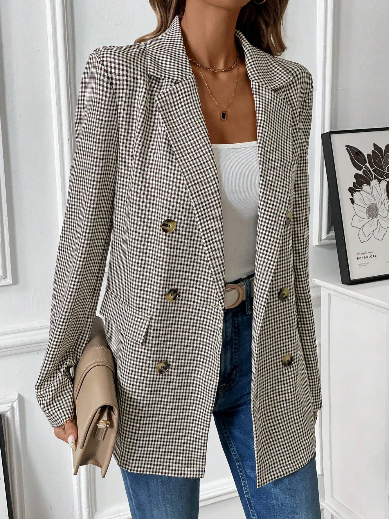 Blazer de Doble Botonadura a Cuadros para Mujer