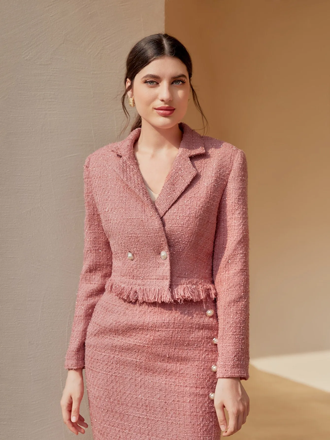 Blazer Tweed con Botón y Flecos