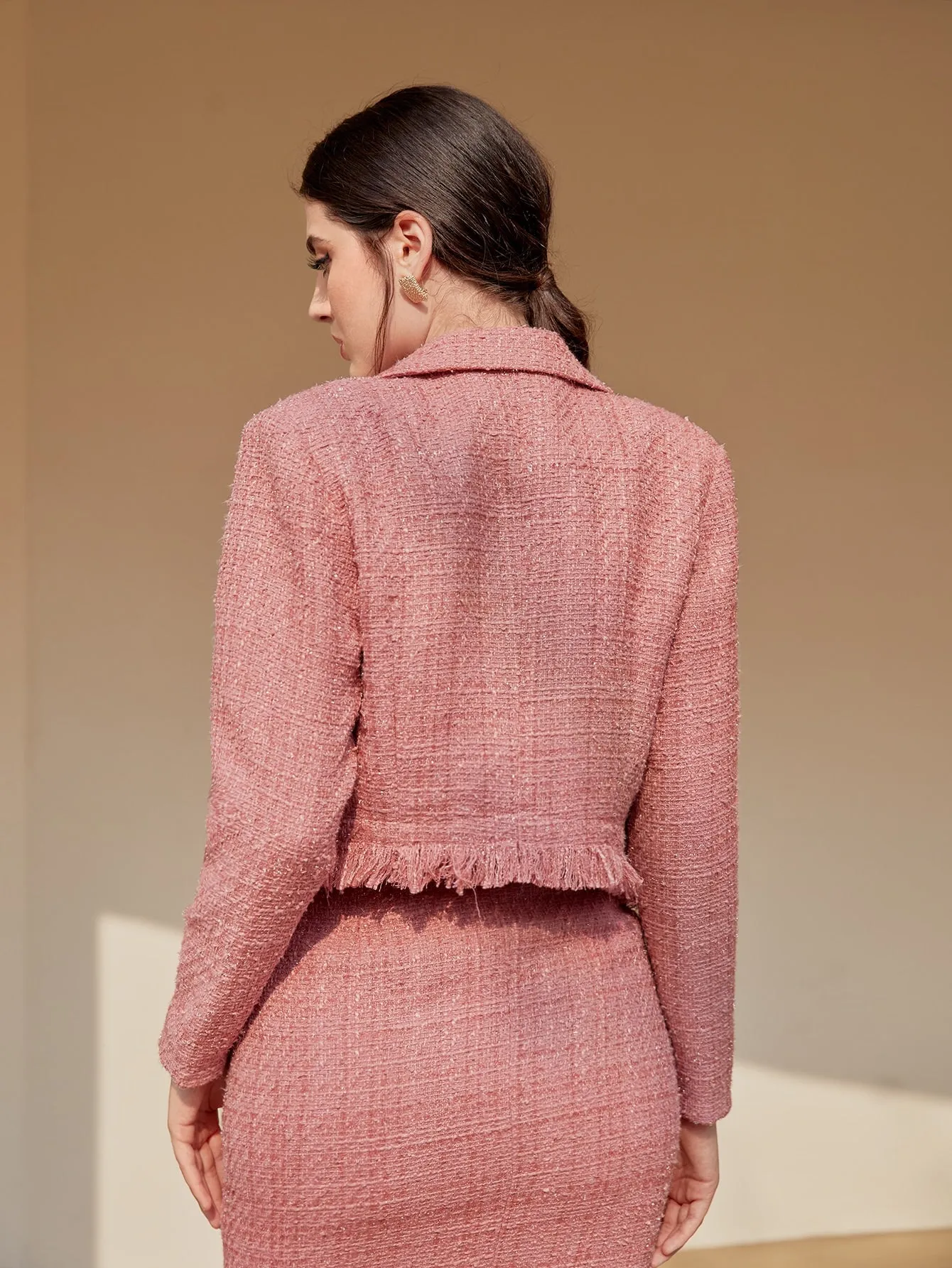 Blazer Tweed con Botón y Flecos