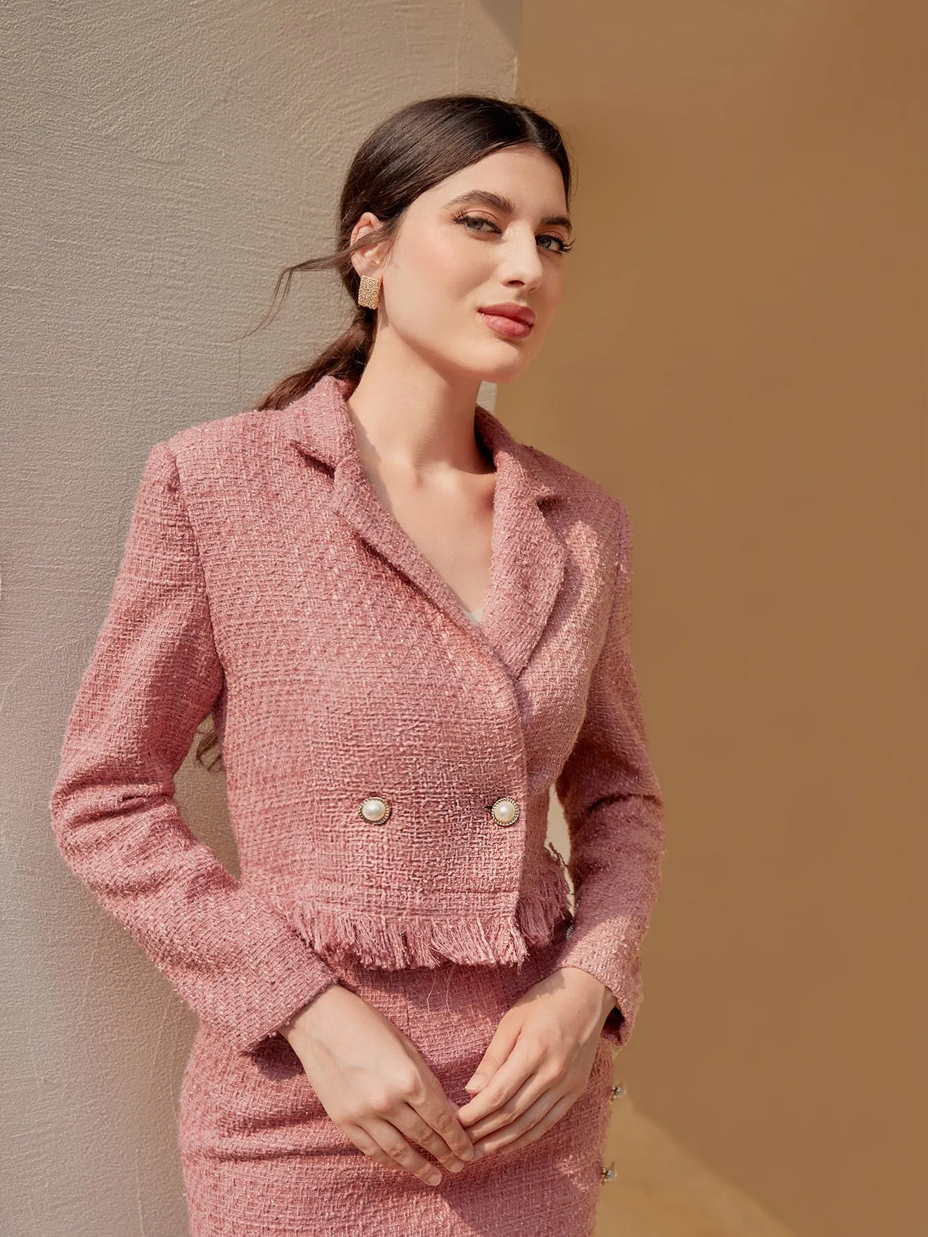 Blazer Tweed con Botón y Flecos