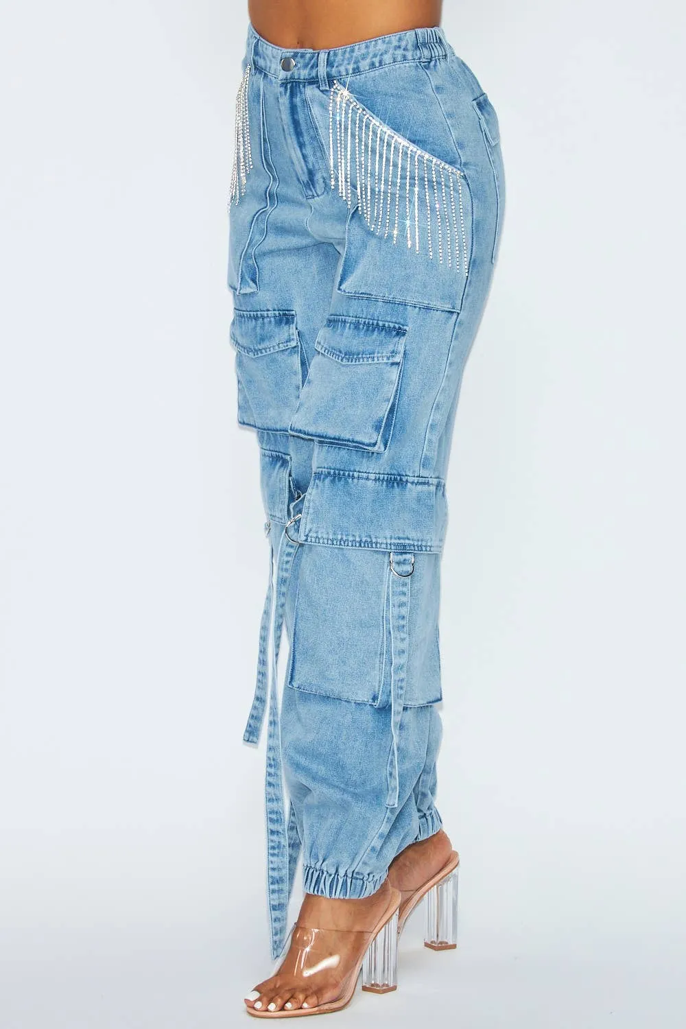 Blessed Rhinestone Fringe Cargo Denim Jogger Pant HDP30466ME