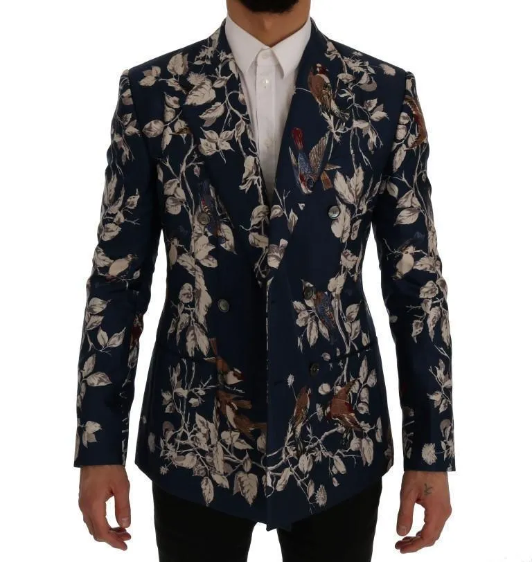 Blue Bird Print Silk Slim Fit Blazer Jacket
