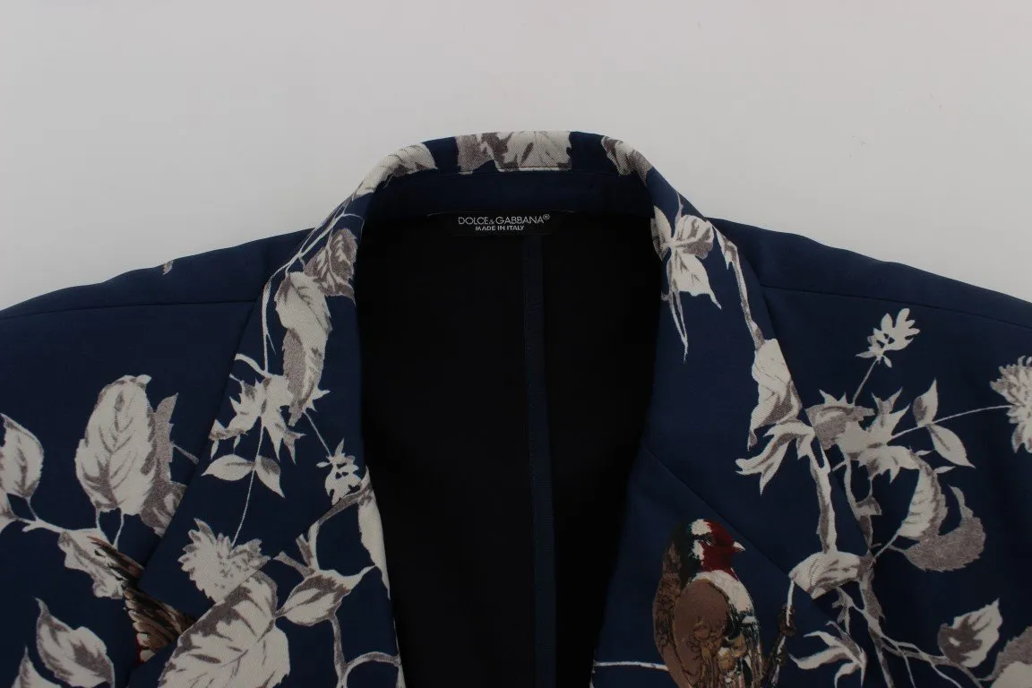 Blue Bird Print Silk Slim Fit Blazer Jacket
