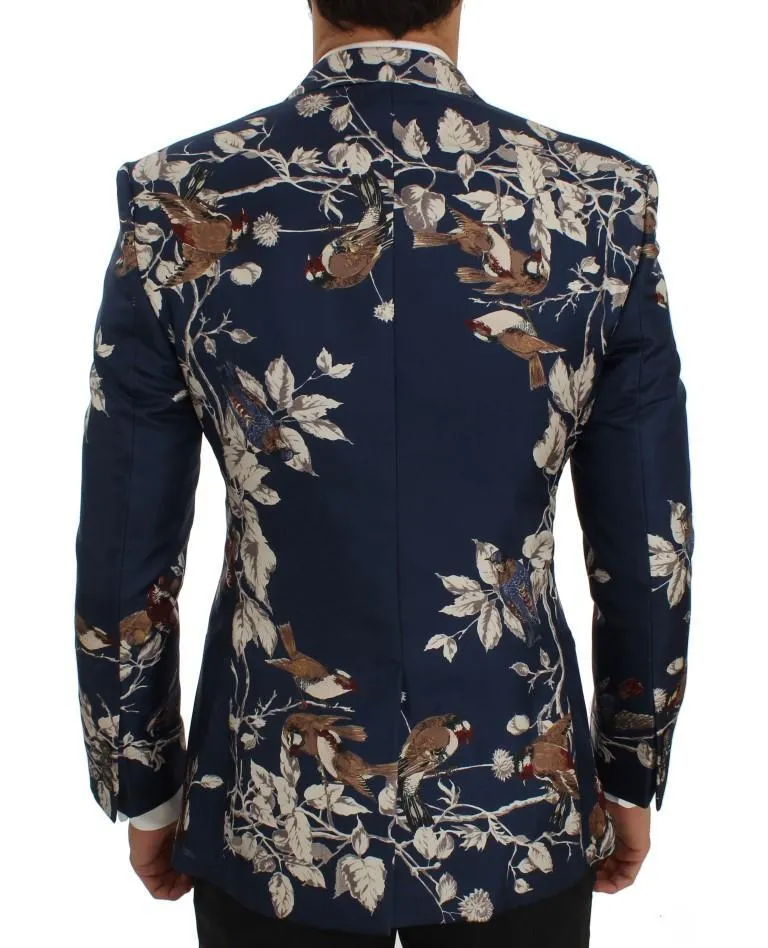 Blue Bird Print Silk Slim Fit Blazer Jacket
