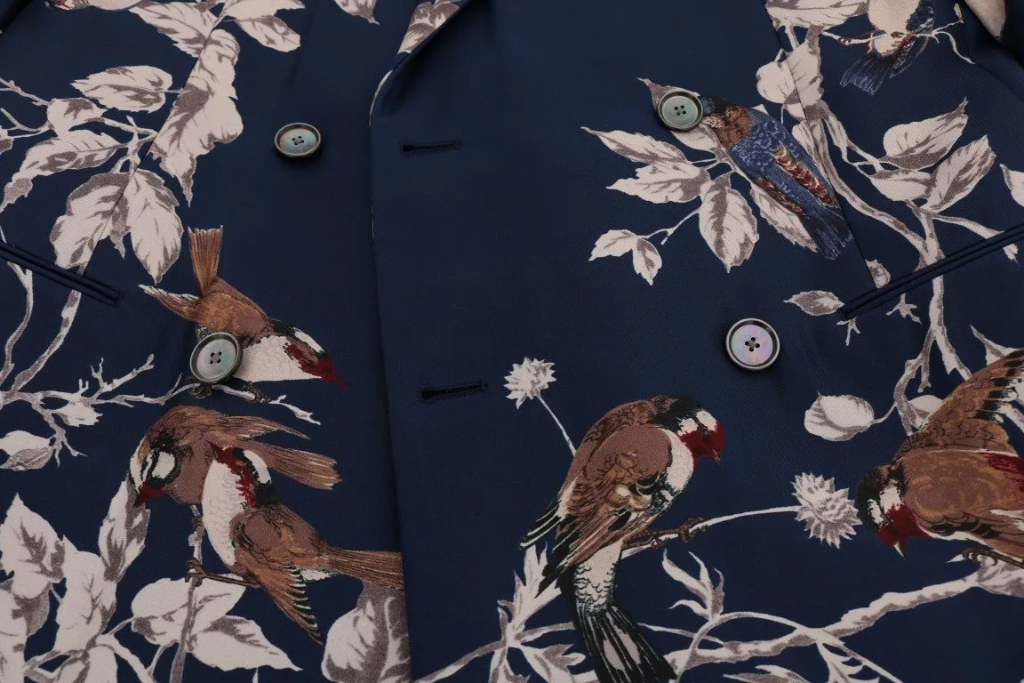 Blue Bird Print Silk Slim Fit Blazer Jacket