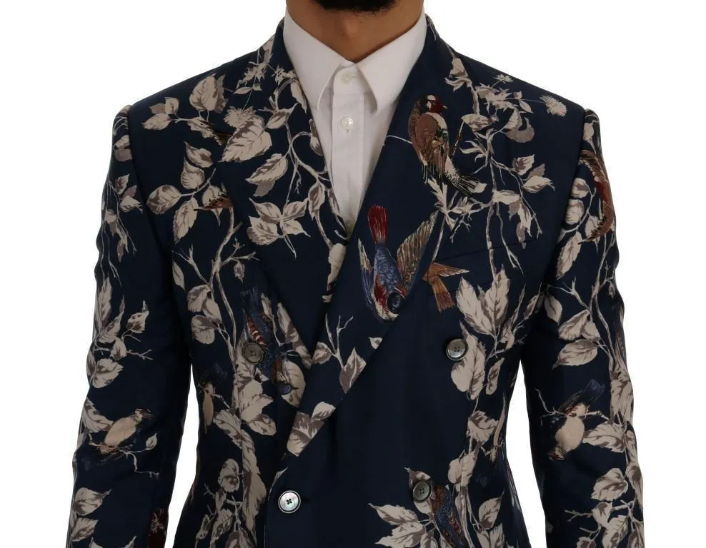 Blue Bird Print Silk Slim Fit Blazer Jacket