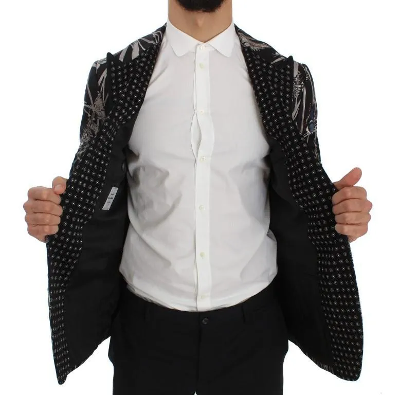 Blue Bird Print Silk Slim Fit Blazer Jacket
