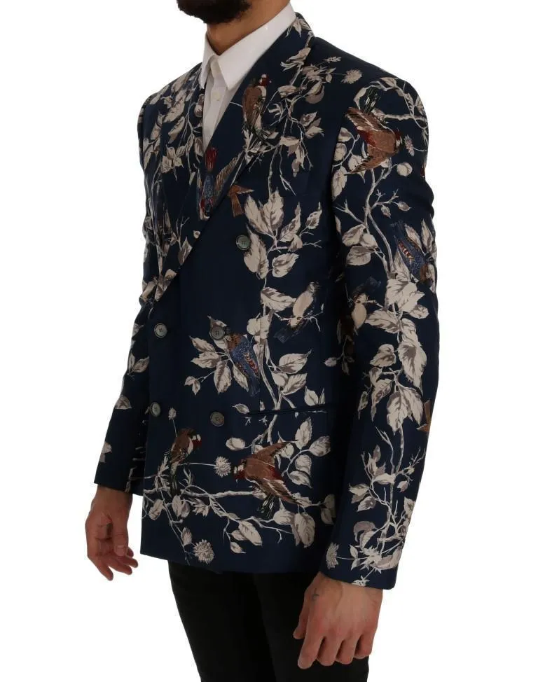 Blue Bird Print Silk Slim Fit Blazer Jacket
