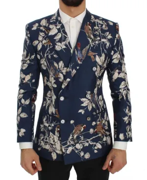 Blue Bird Print Silk Slim Fit Blazer Jacket