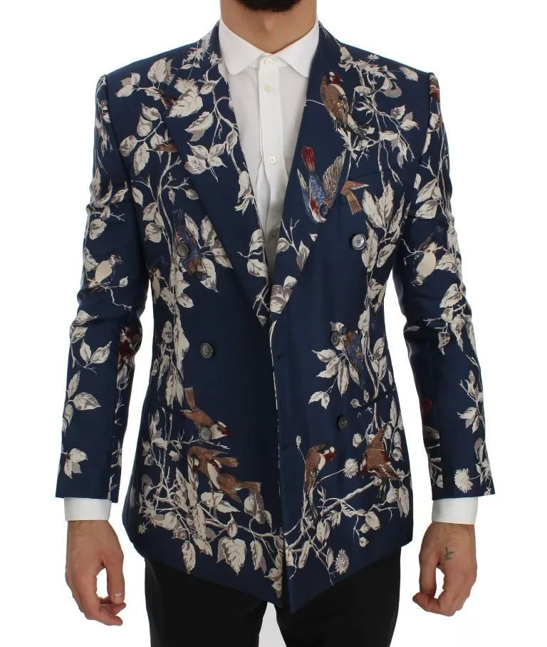 Blue Bird Print Silk Slim Fit Blazer Jacket