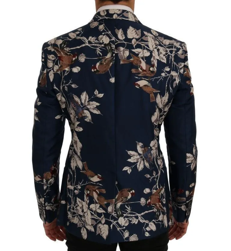 Blue Bird Print Silk Slim Fit Blazer Jacket