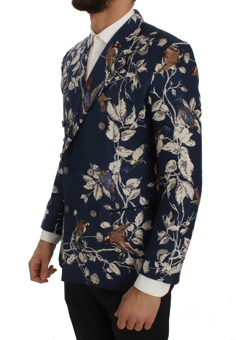 Blue Bird Print Silk Slim Fit Blazer Jacket