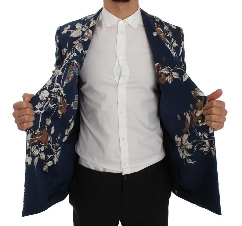 Blue Bird Print Silk Slim Fit Blazer Jacket