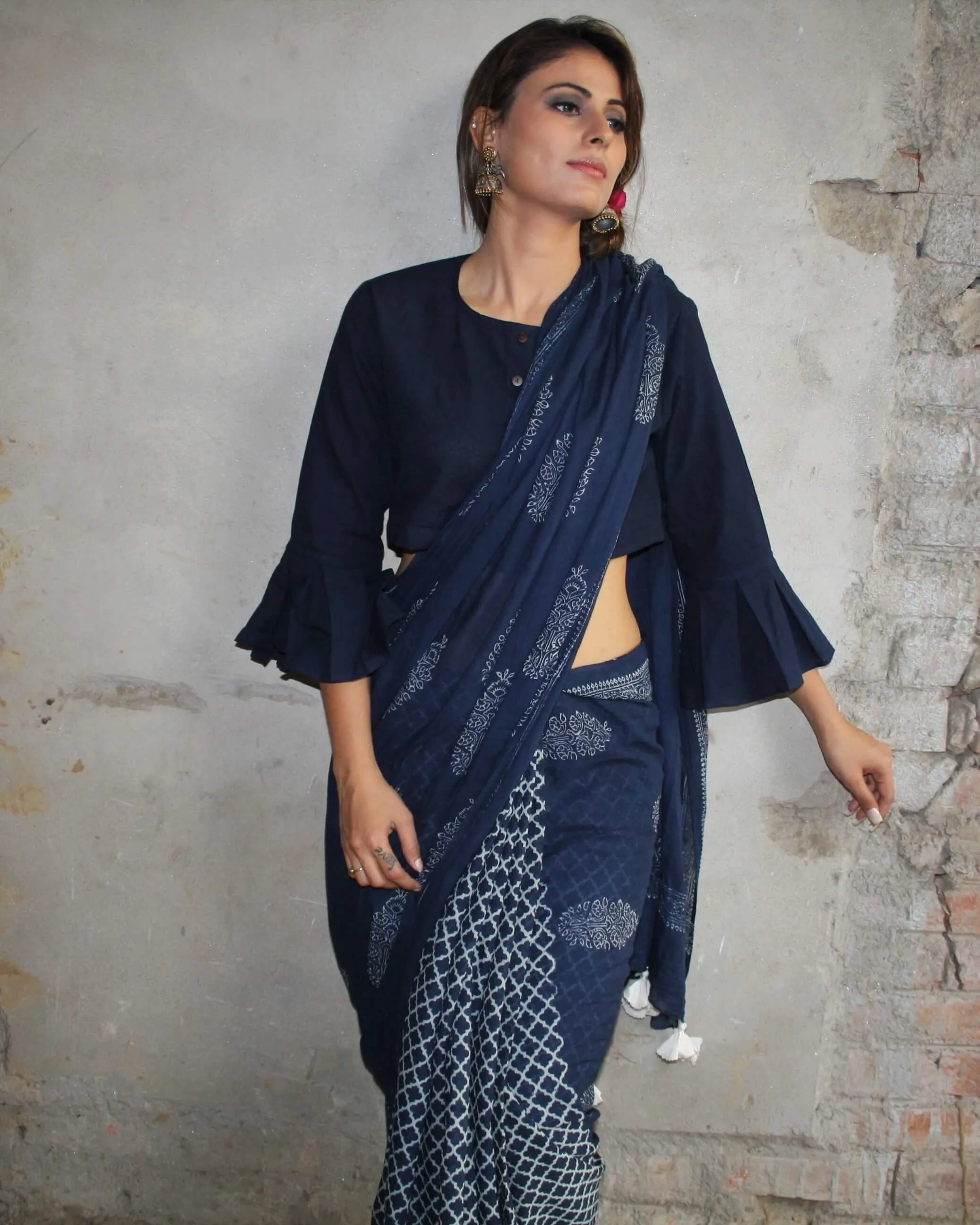 Blue Cotton Crop Top Blouse With Bell Sleeves