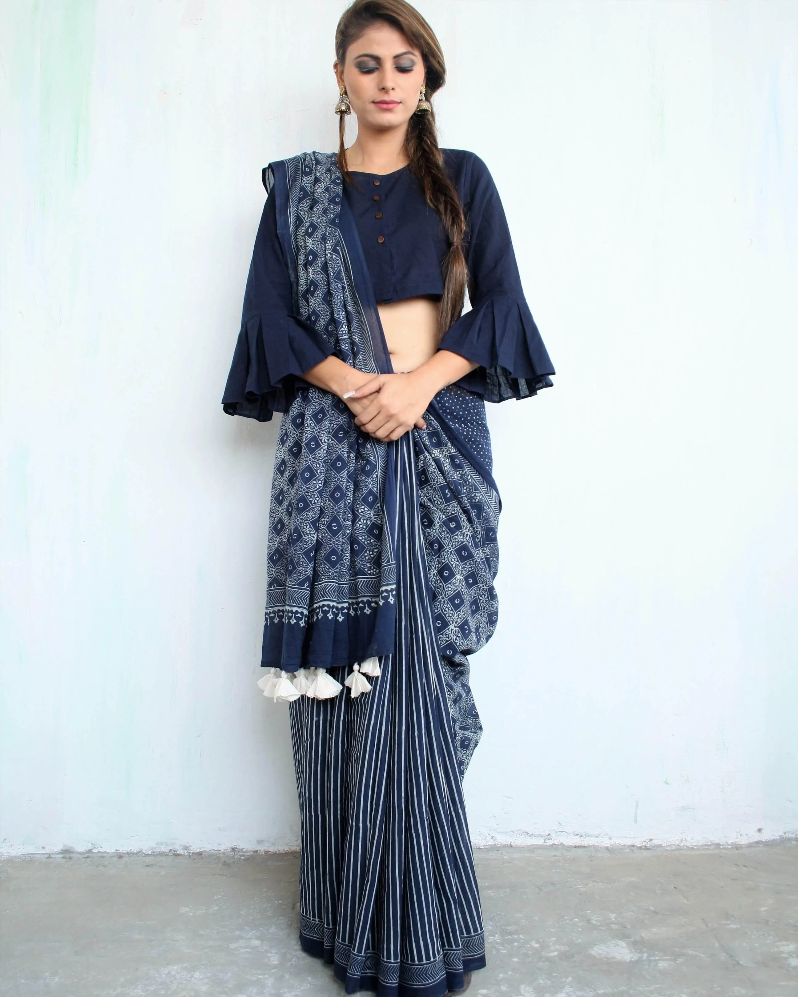 Blue Cotton Crop Top Blouse With Bell Sleeves