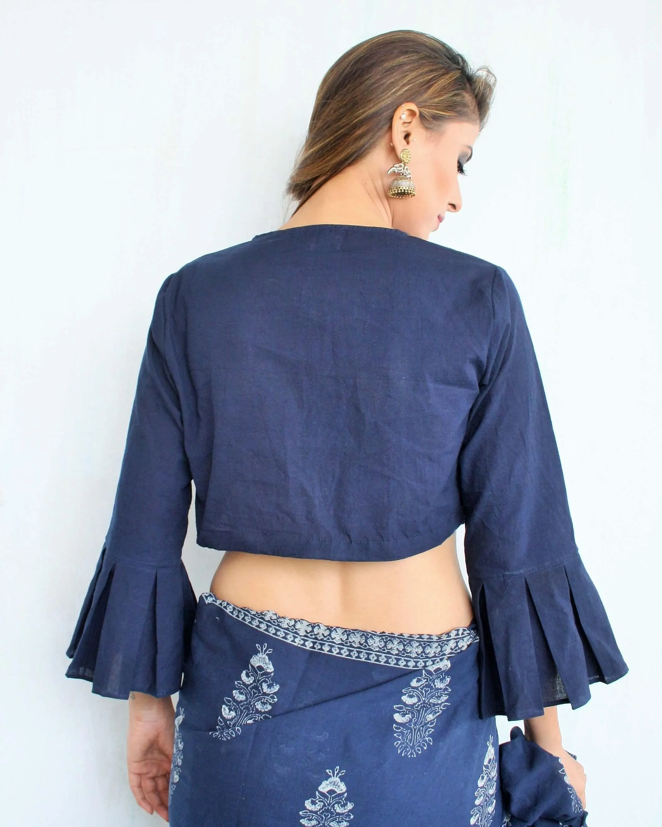 Blue Cotton Crop Top Blouse With Bell Sleeves