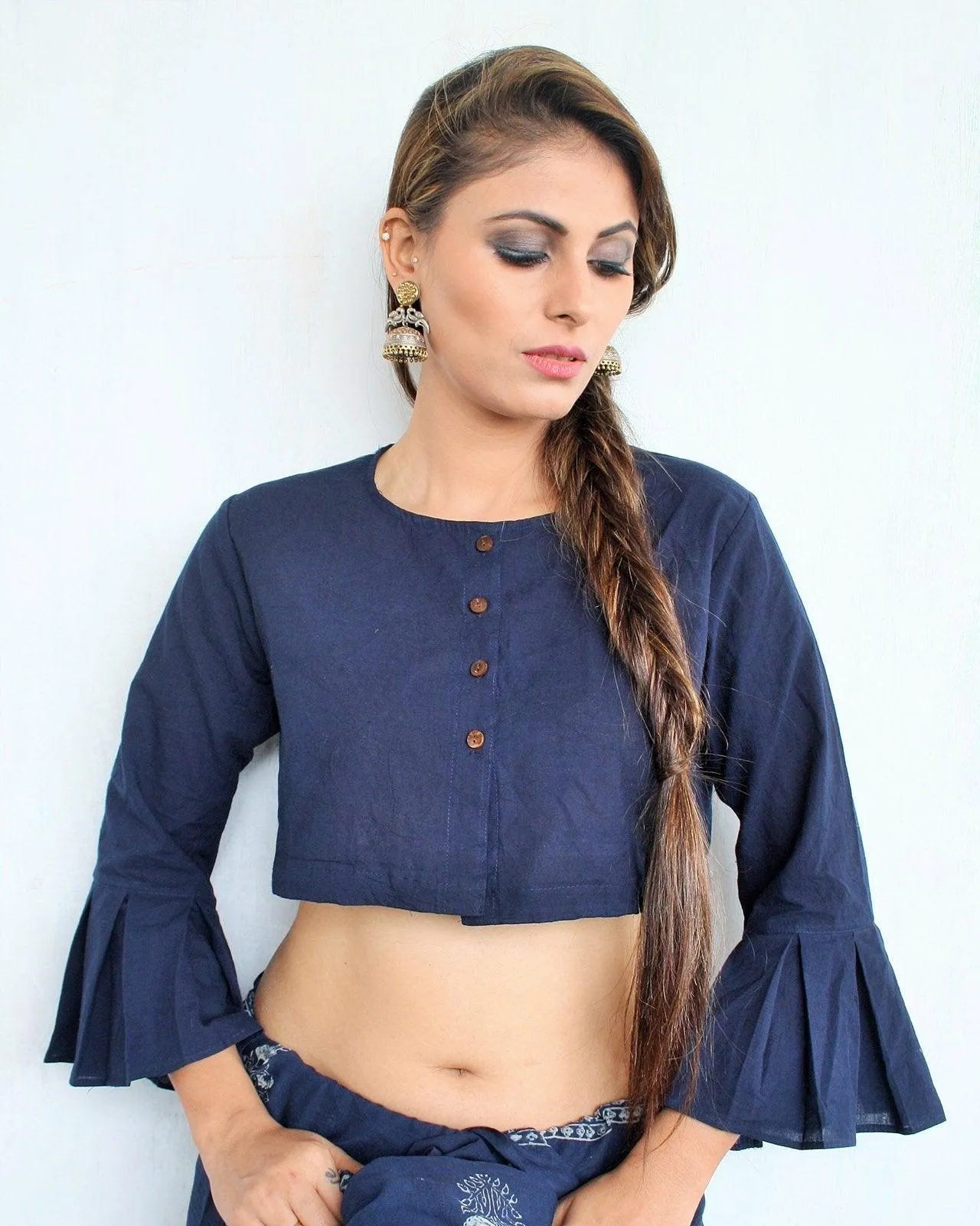 Blue Cotton Crop Top Blouse With Bell Sleeves