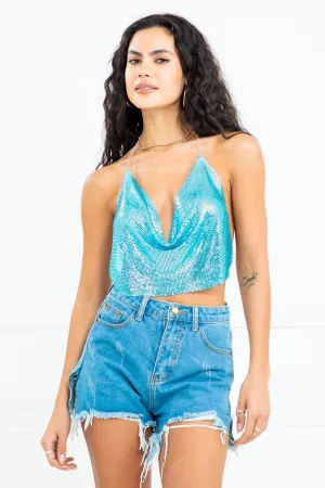 Blue Cowl Neck Chainmail Open Back Top 1/31/24 7950