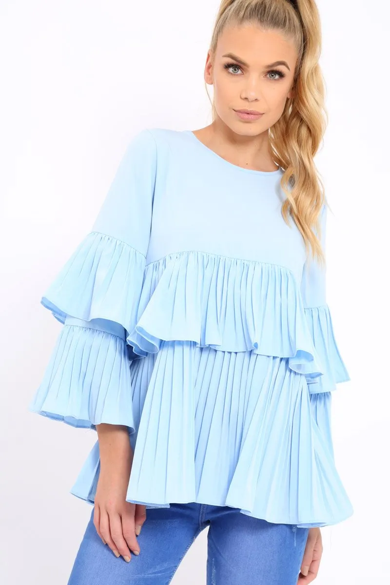 Blue Frill Bell Sleeve Blouse - Kalea