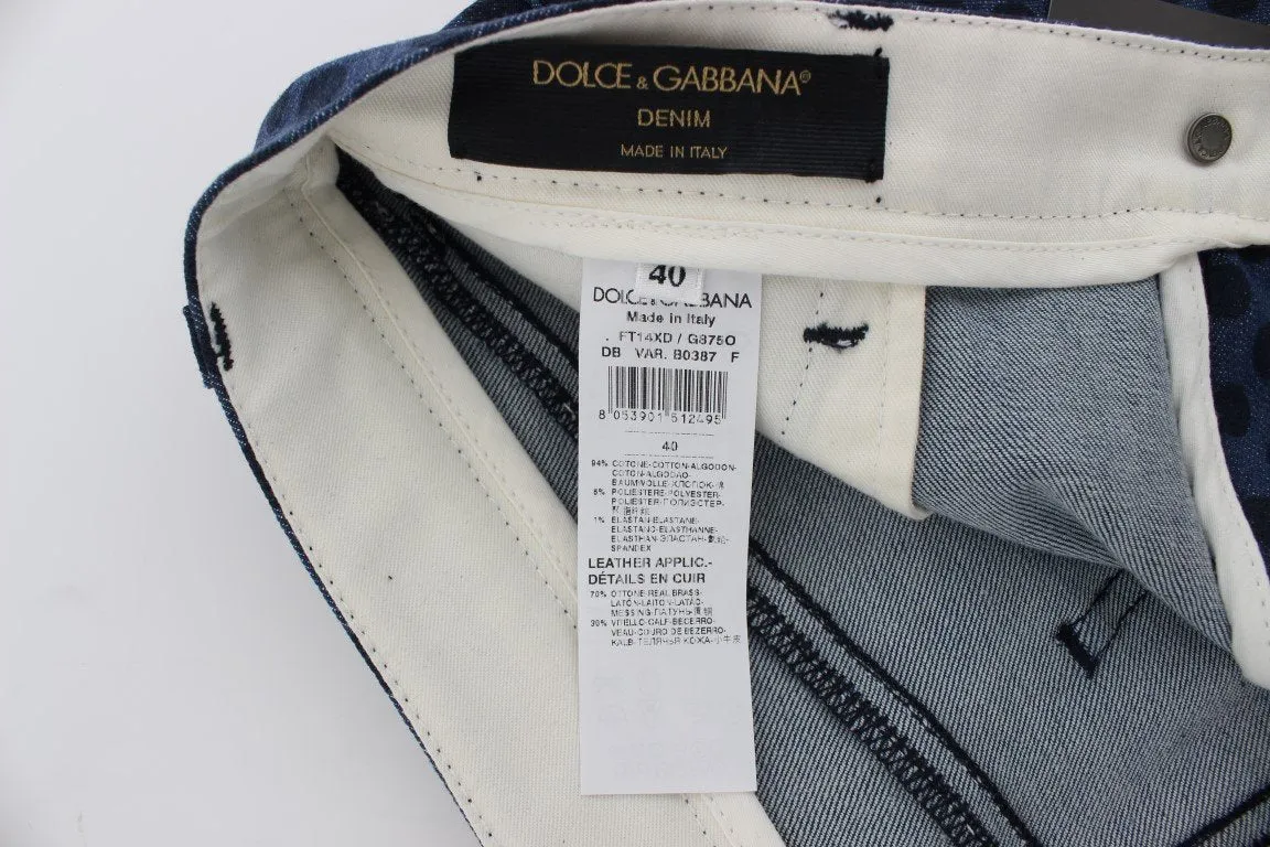 Blue Polka Dotted Denim Cotton Stretch Jeans