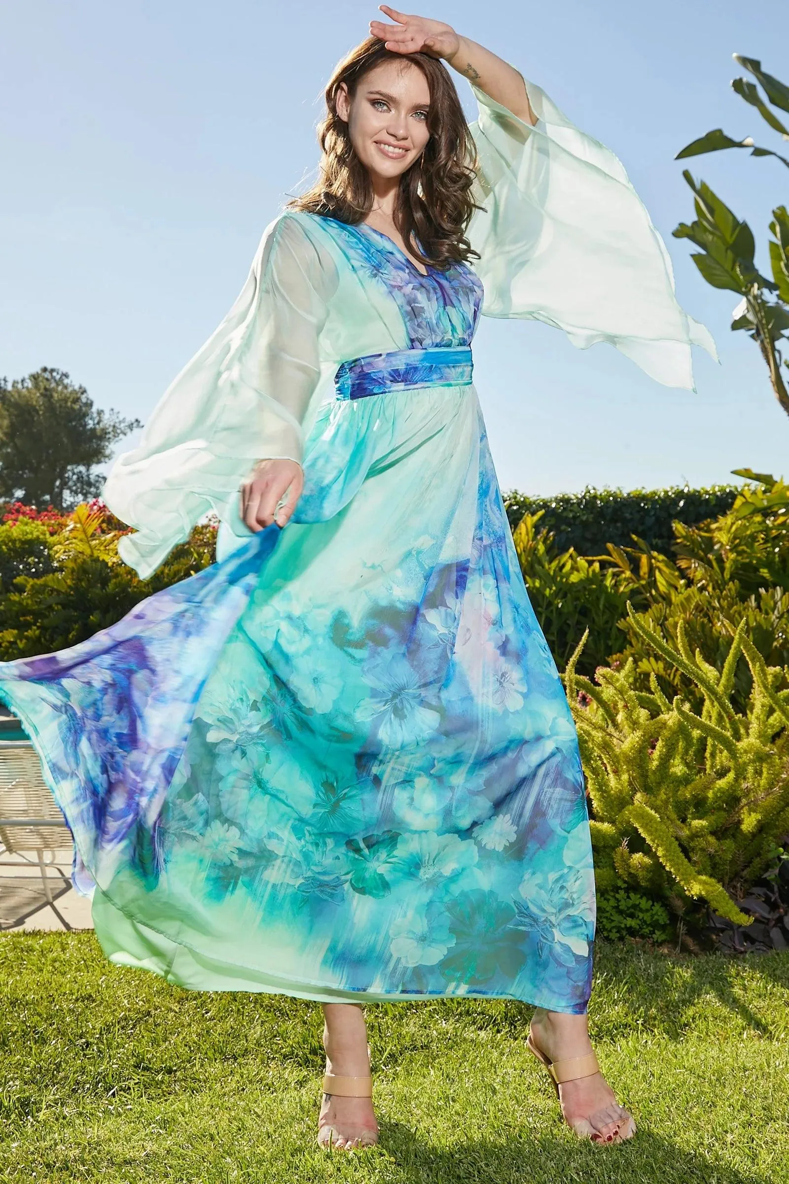 BLUE PRINT MAXI V-NECK FLOWER PRINT