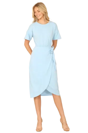 Blue Round Neck Short Sleeve Waist Tie Wrap Hem Solid Dress -  Pack of 6