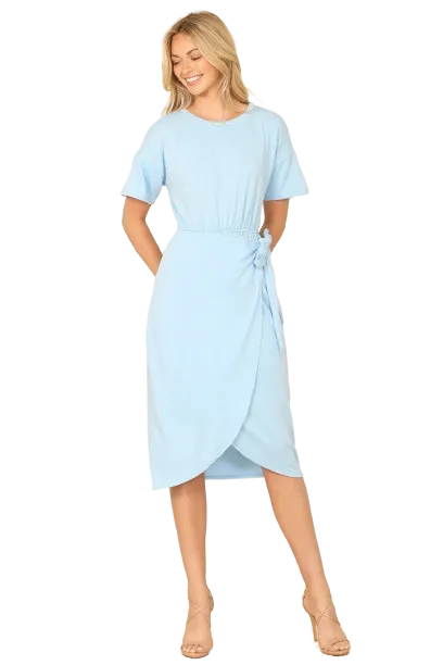 Blue Round Neck Short Sleeve Waist Tie Wrap Hem Solid Dress -  Pack of 6