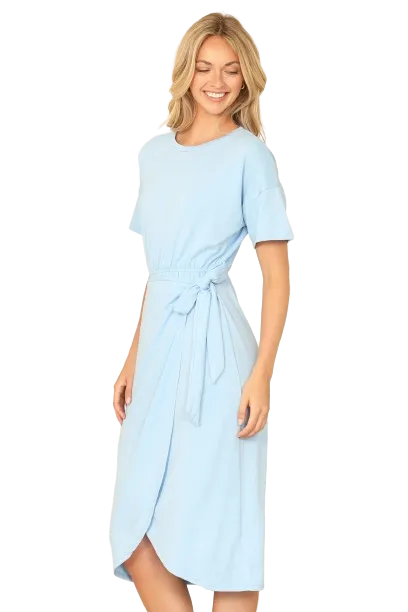 Blue Round Neck Short Sleeve Waist Tie Wrap Hem Solid Dress -  Pack of 6