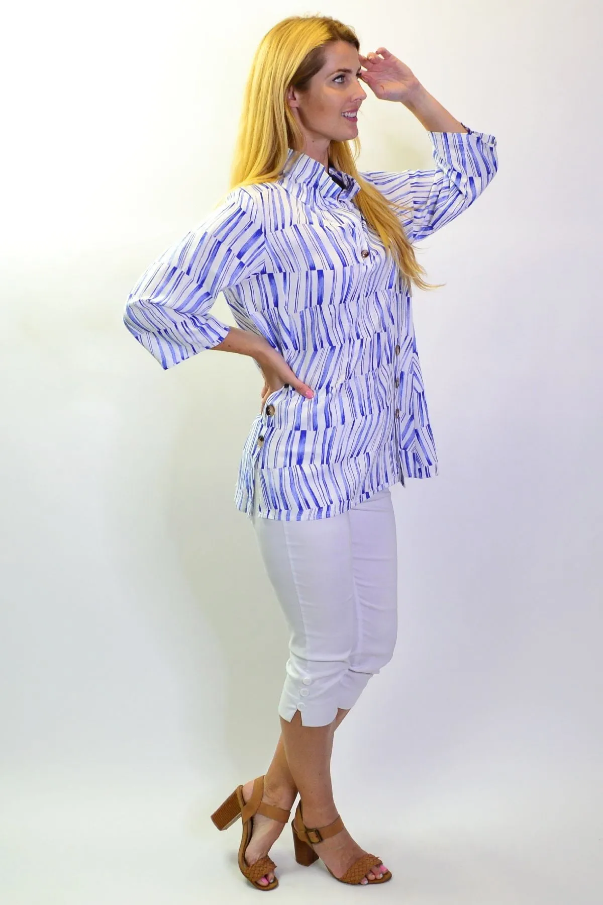 Blue Stripes High Collar Tunic Shirt