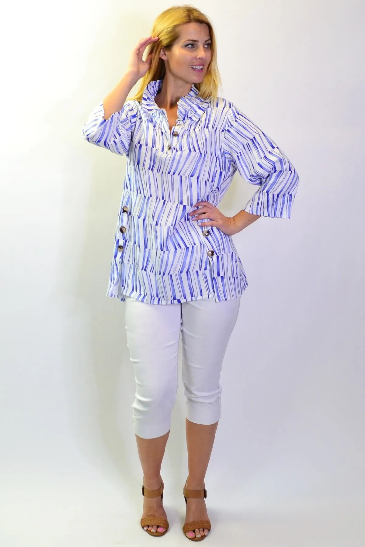 Blue Stripes High Collar Tunic Shirt