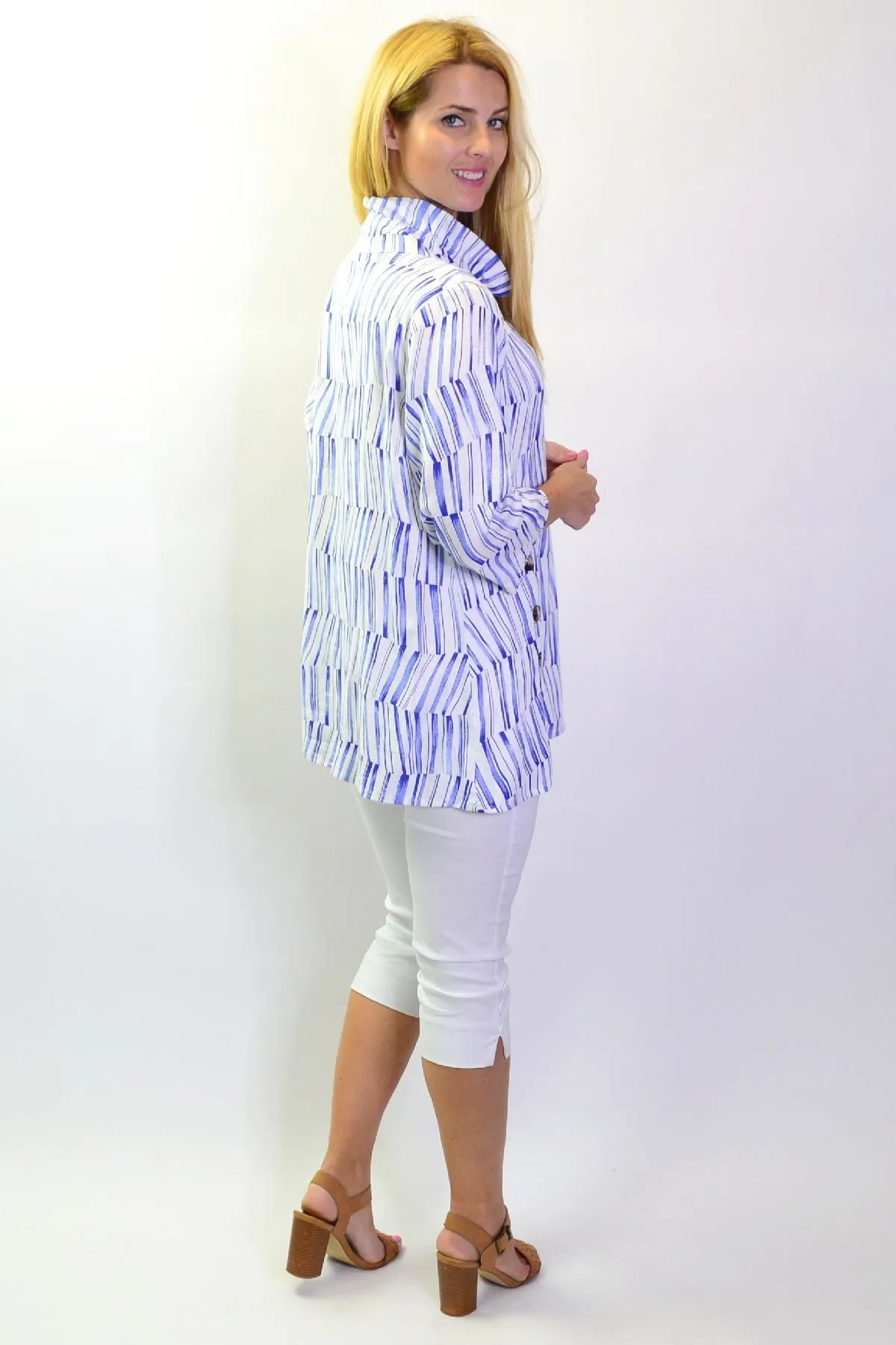 Blue Stripes High Collar Tunic Shirt