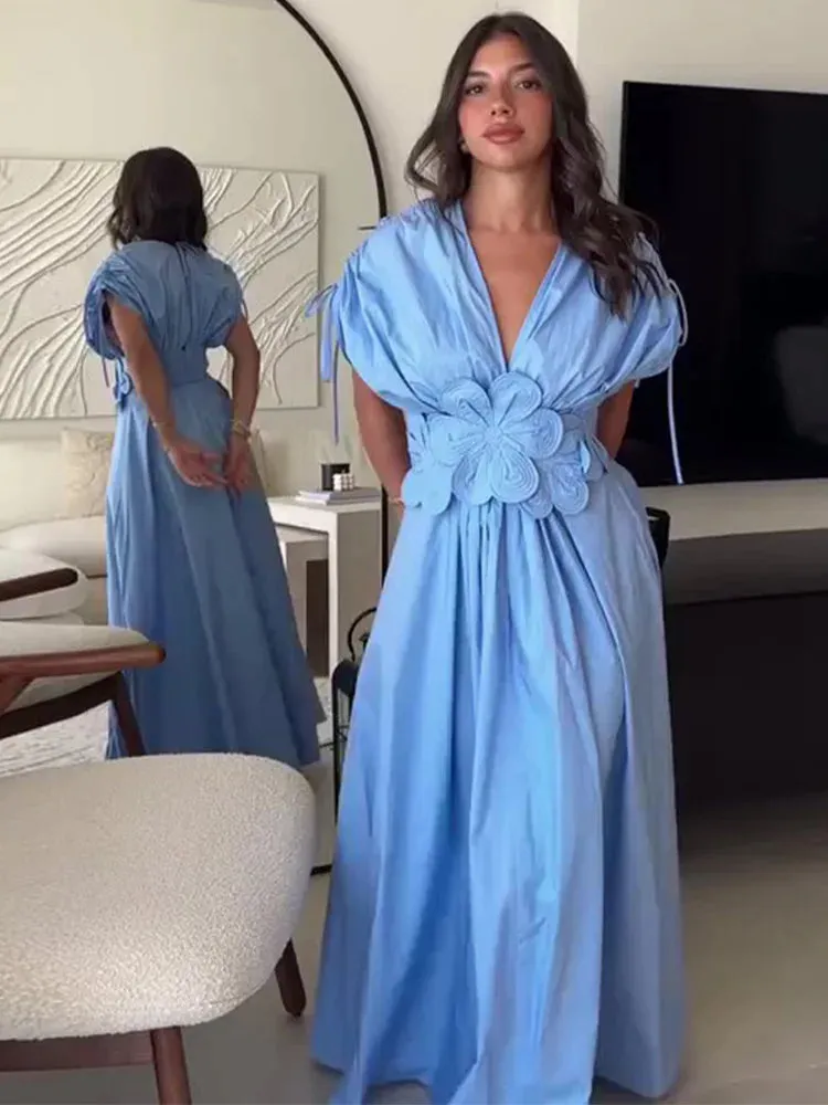 Blue Summer Sheath Dress – V-Neck, 3D Flowers – Ankle-Length