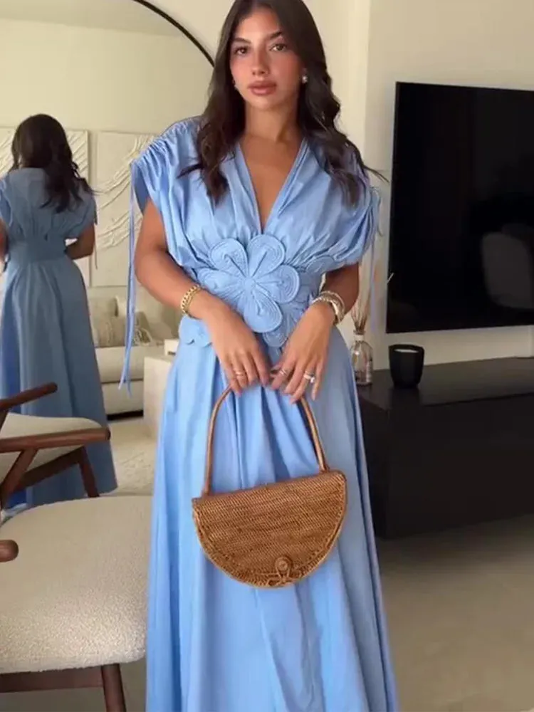 Blue Summer Sheath Dress – V-Neck, 3D Flowers – Ankle-Length