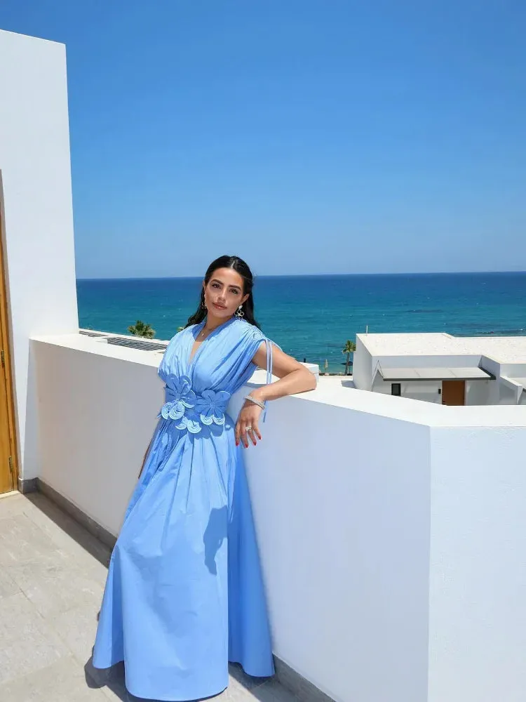 Blue Summer Sheath Dress – V-Neck, 3D Flowers – Ankle-Length