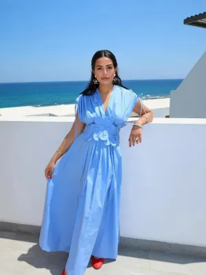 Blue Summer Sheath Dress – V-Neck, 3D Flowers – Ankle-Length