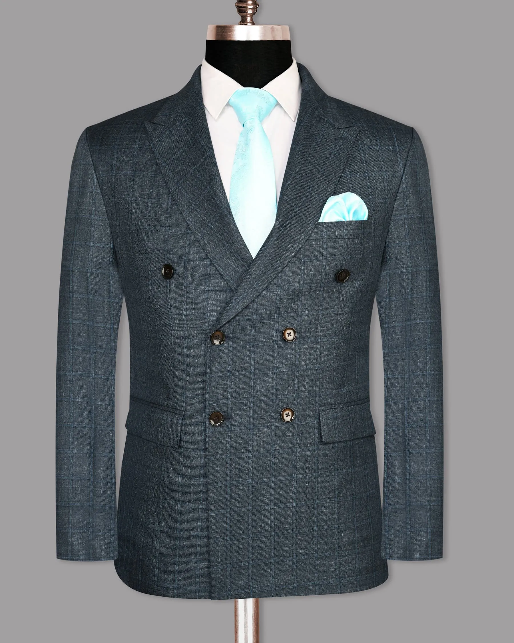 Blue windowpane Wool Blend Double Breasted Blazer