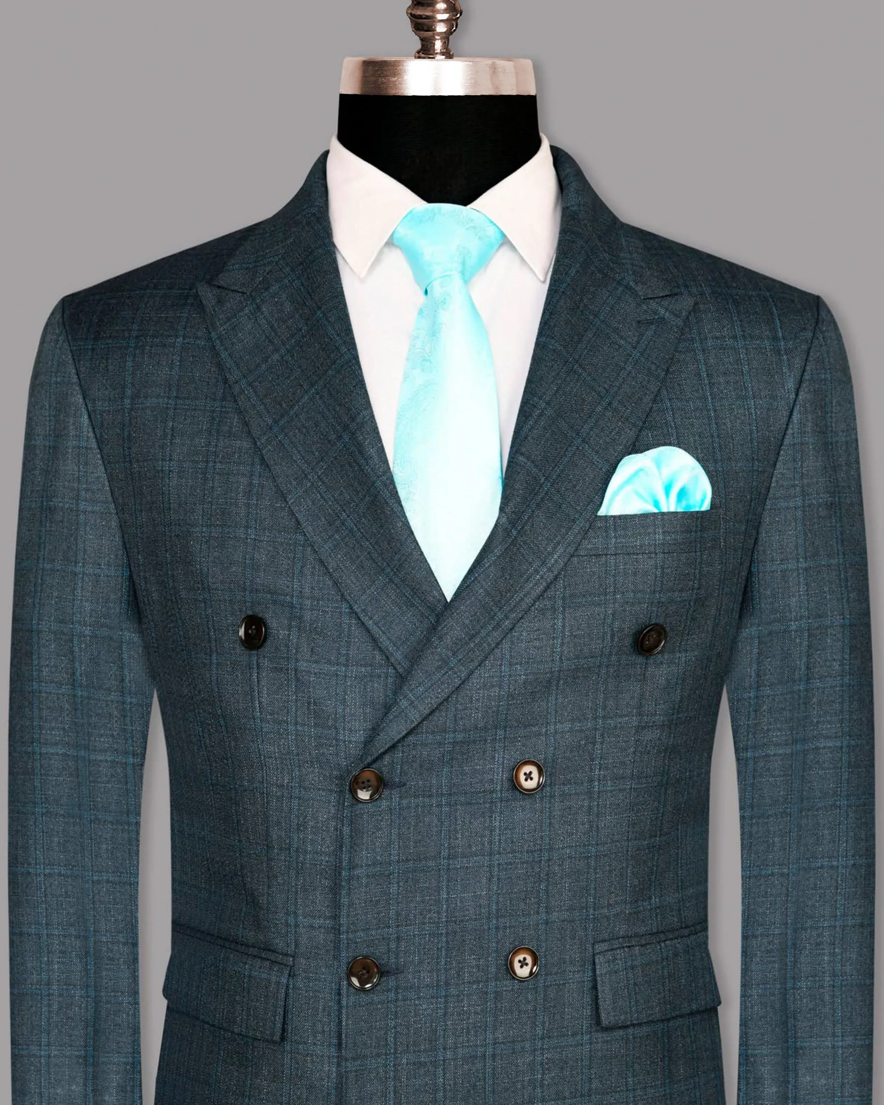 Blue windowpane Wool Blend Double Breasted Blazer