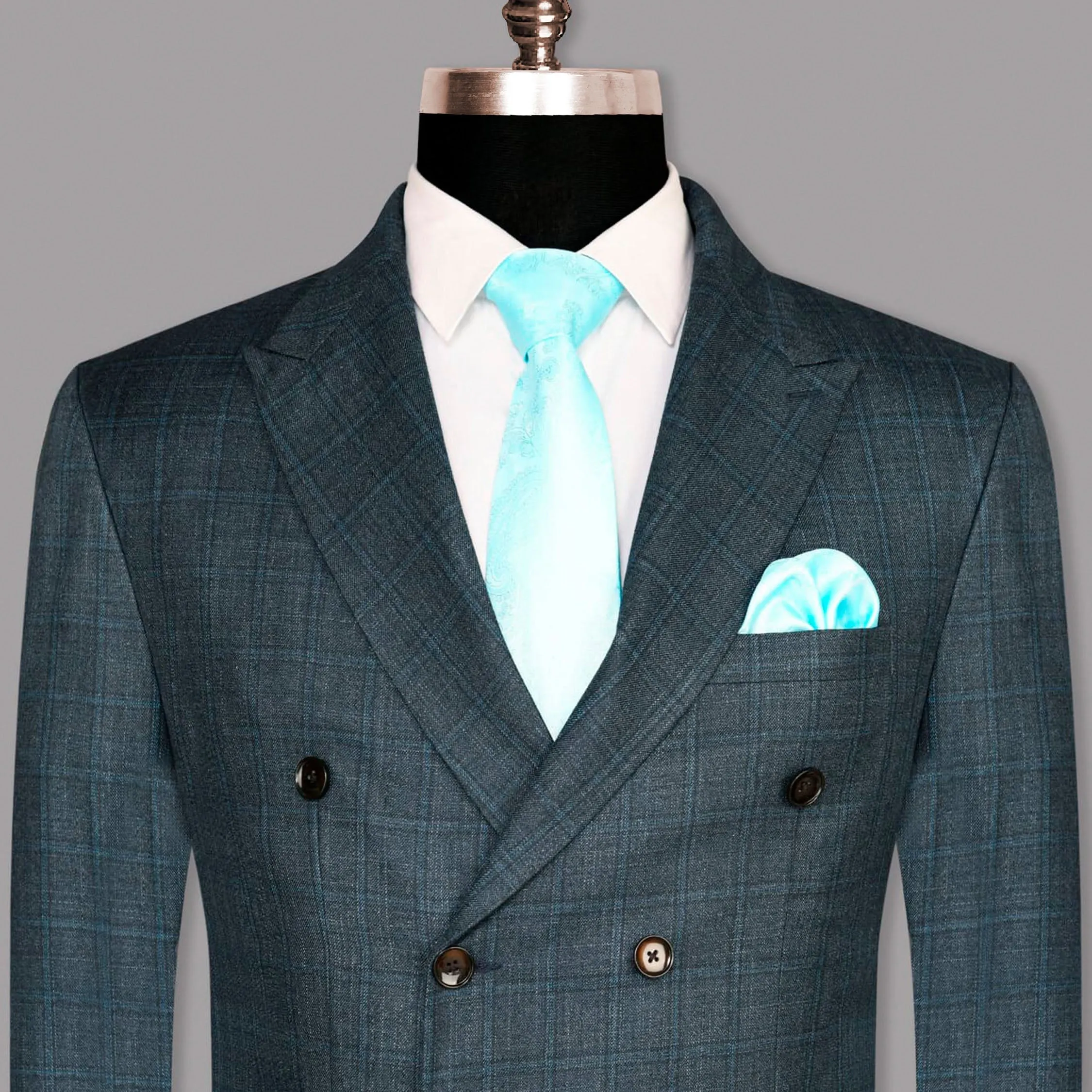 Blue windowpane Wool Blend Double Breasted Blazer