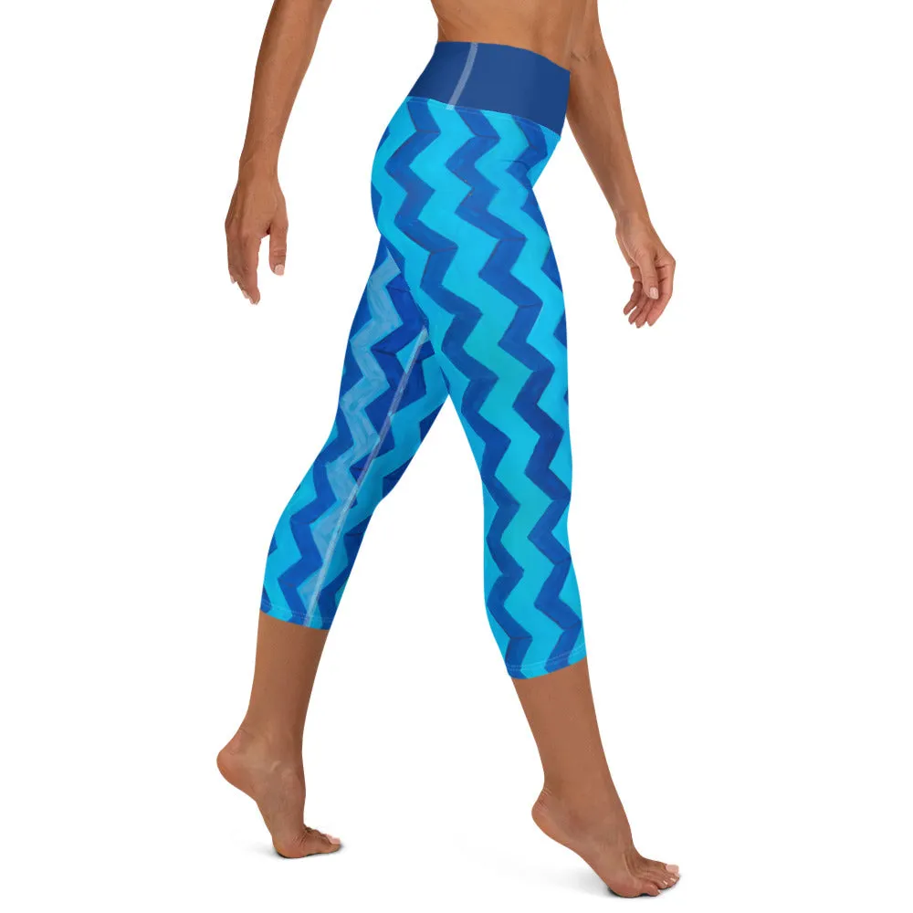 Blue Zig Zag Blue  Yoga Capri Leggings with Bunny