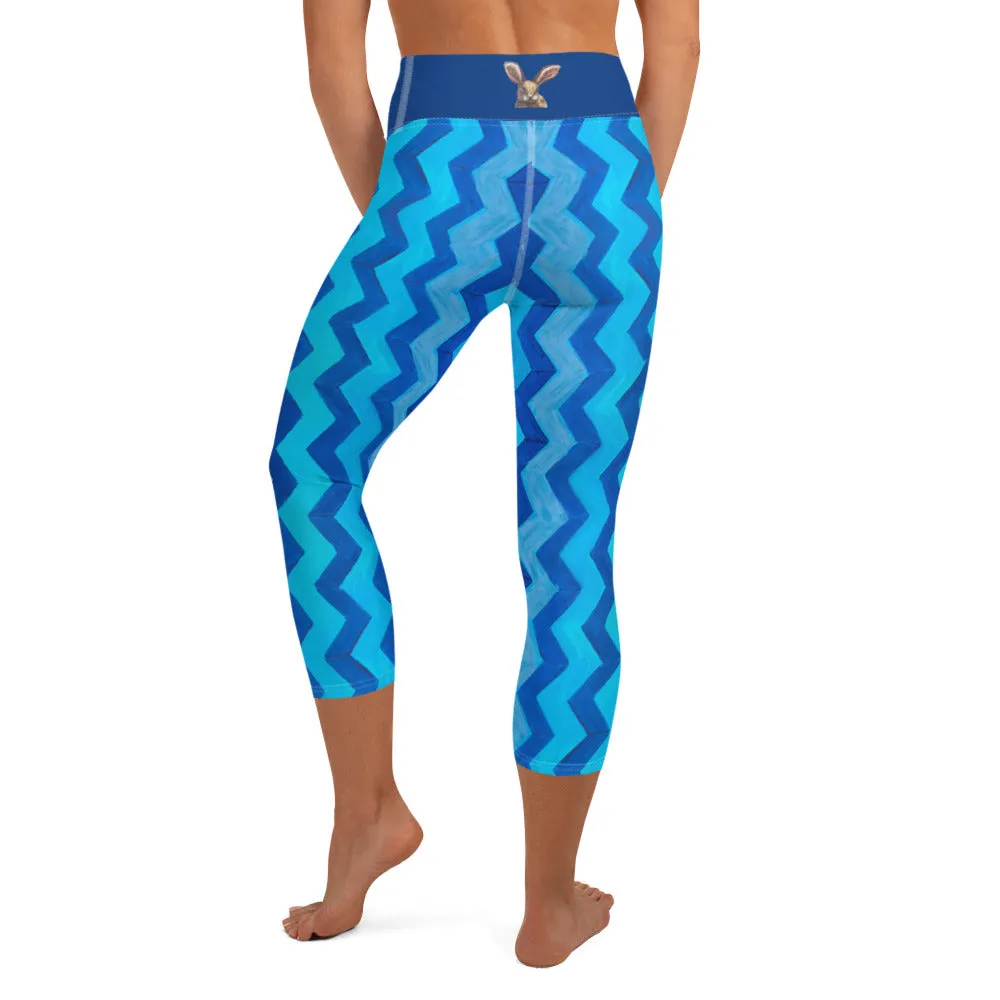 Blue Zig Zag Blue  Yoga Capri Leggings with Bunny