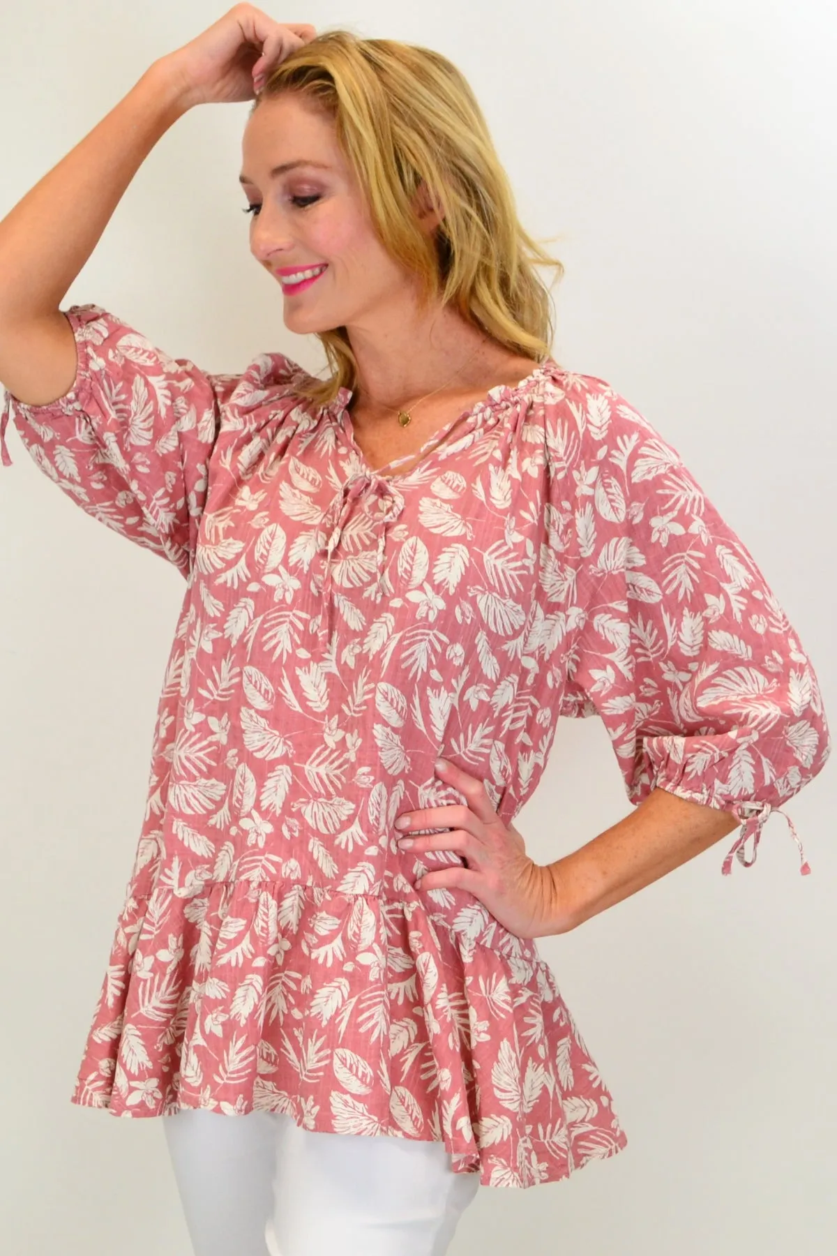 Blush Pink Sail Away tie neck Tunic Top