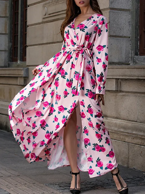 Bohemian Beach Print Petal Sleeves Large Pendulum Deep V-neck Waist Lace Dress