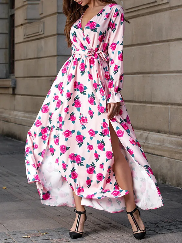 Bohemian Beach Print Petal Sleeves Large Pendulum Deep V-neck Waist Lace Dress