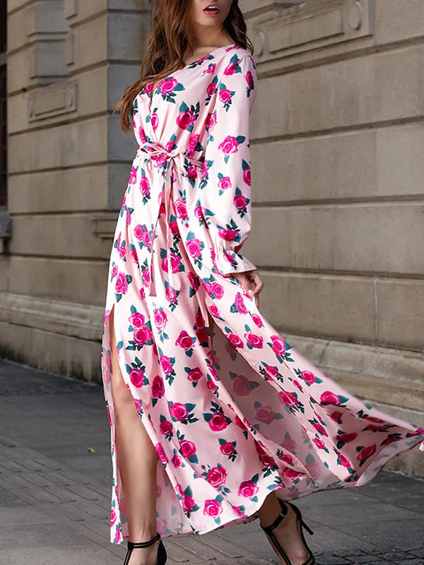Bohemian Beach Print Petal Sleeves Large Pendulum Deep V-neck Waist Lace Dress