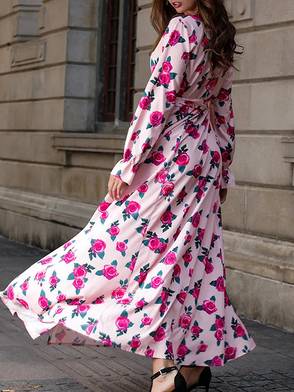 Bohemian Beach Print Petal Sleeves Large Pendulum Deep V-neck Waist Lace Dress