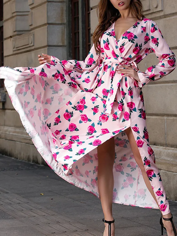 Bohemian Beach Print Petal Sleeves Large Pendulum Deep V-neck Waist Lace Dress