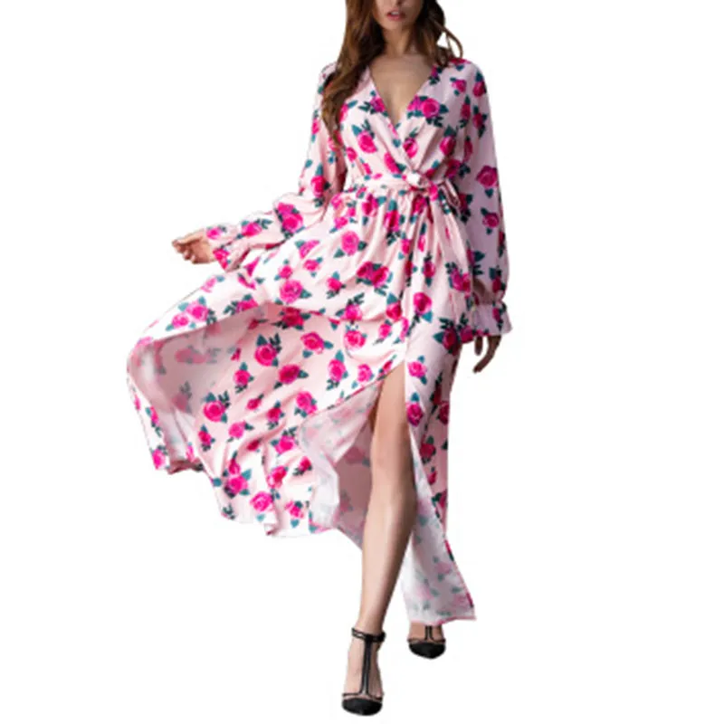 Bohemian Beach Print Petal Sleeves Large Pendulum Deep V-neck Waist Lace Dress