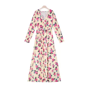 Bohemian Beach Print Petal Sleeves Large Pendulum Deep V-neck Waist Lace Dress