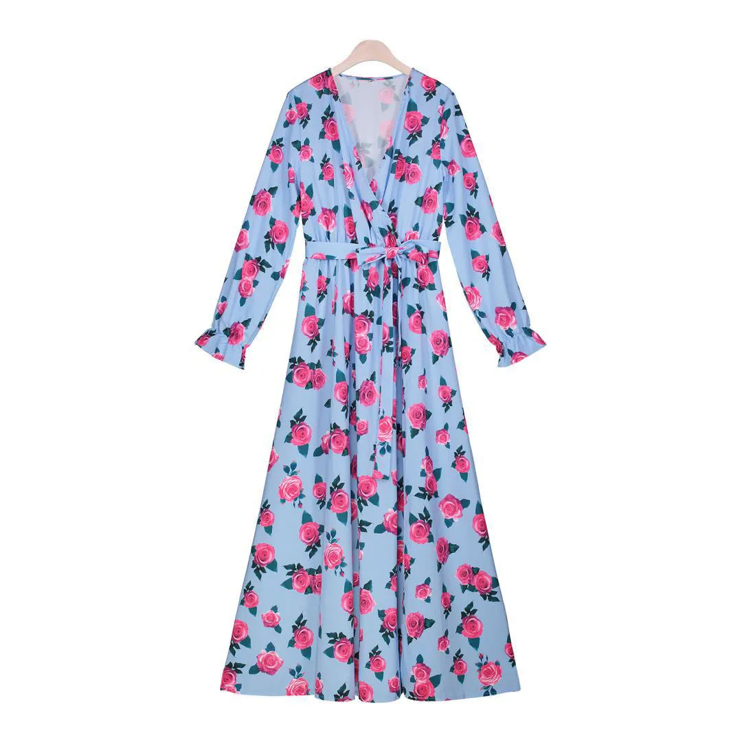 Bohemian Beach Print Petal Sleeves Large Pendulum Deep V-neck Waist Lace Dress